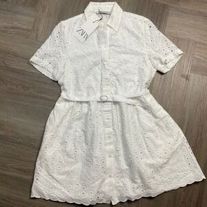NWT ZARA Embroidered Eyelet Mini Dress 4877/010 Womens Small‎ White Belted Boho